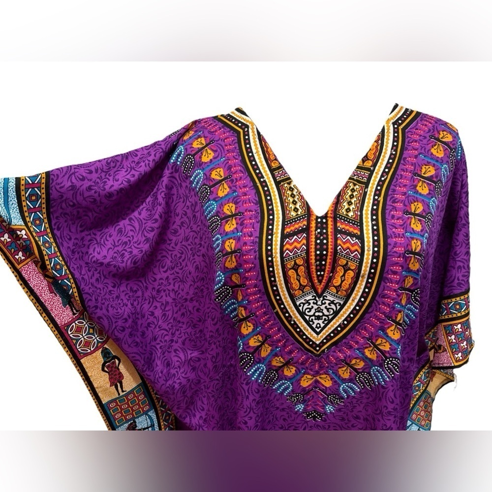 80s 2PCs KAFTANS 1 PURPLE WHIMSICAL DASHIKI EGYPTIAN 1 GREEN PAISLEY PRINT M - Picture 5 of 8